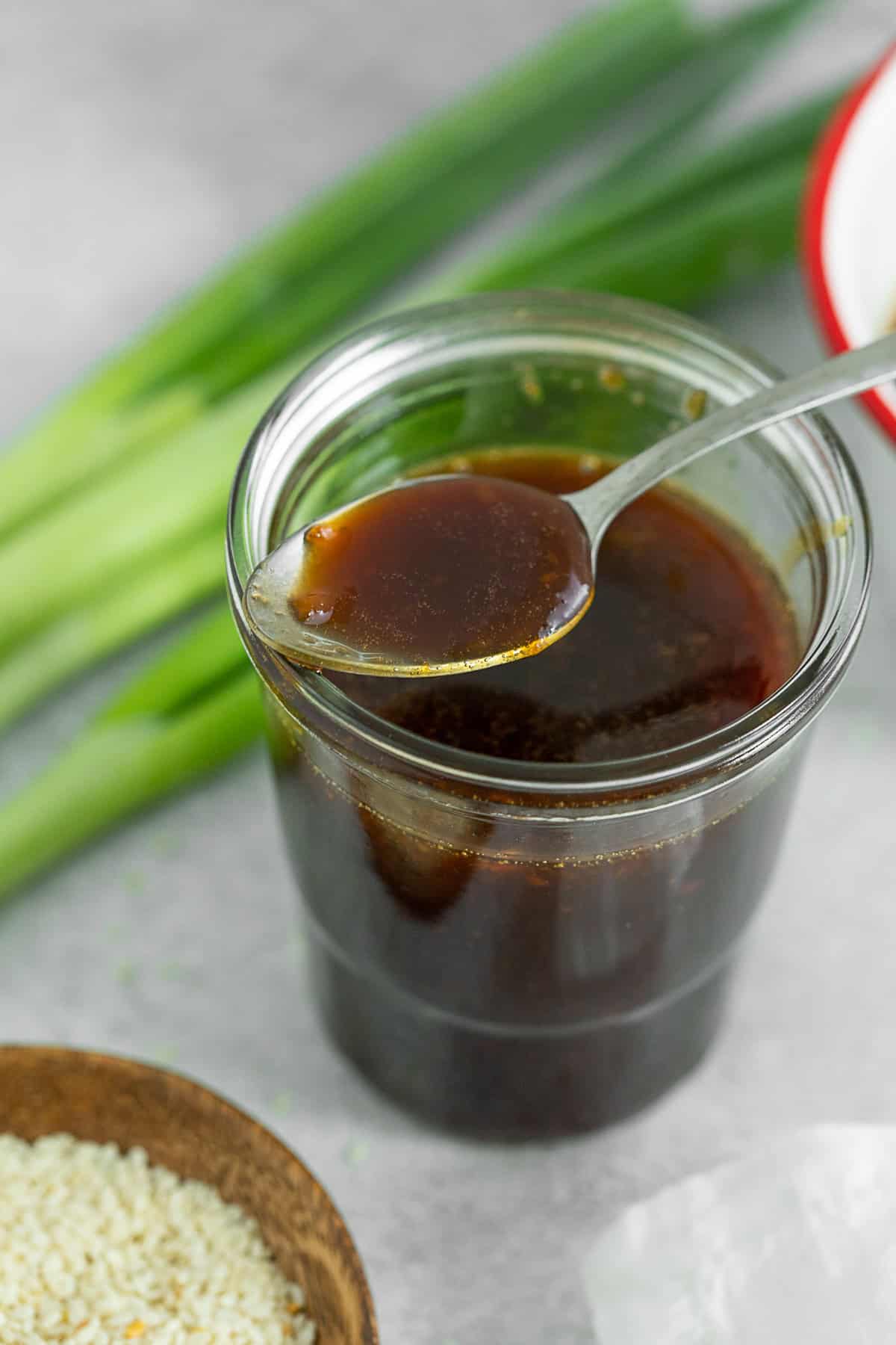 Homemade Teriyaki Sauce on a spoon.