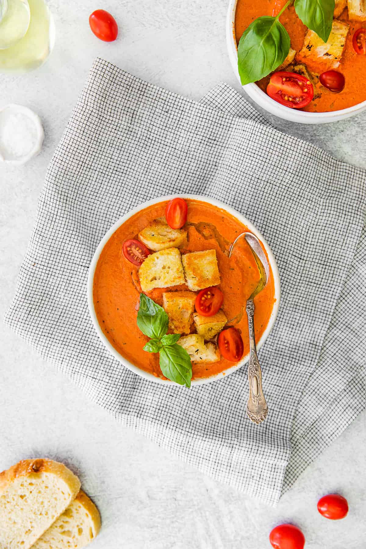 Instant Pot Tomato Soup topped with croutons.