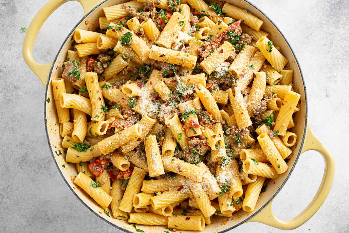 Italian Sausage Kale Pasta in a large skillet. 