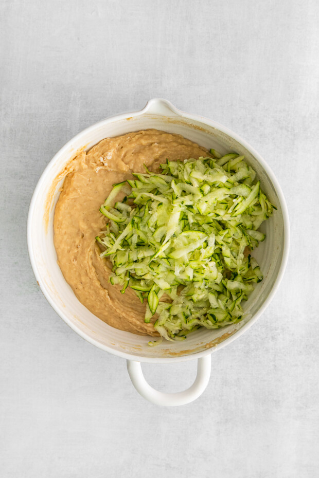 Quick bread batter with zucchini in it.