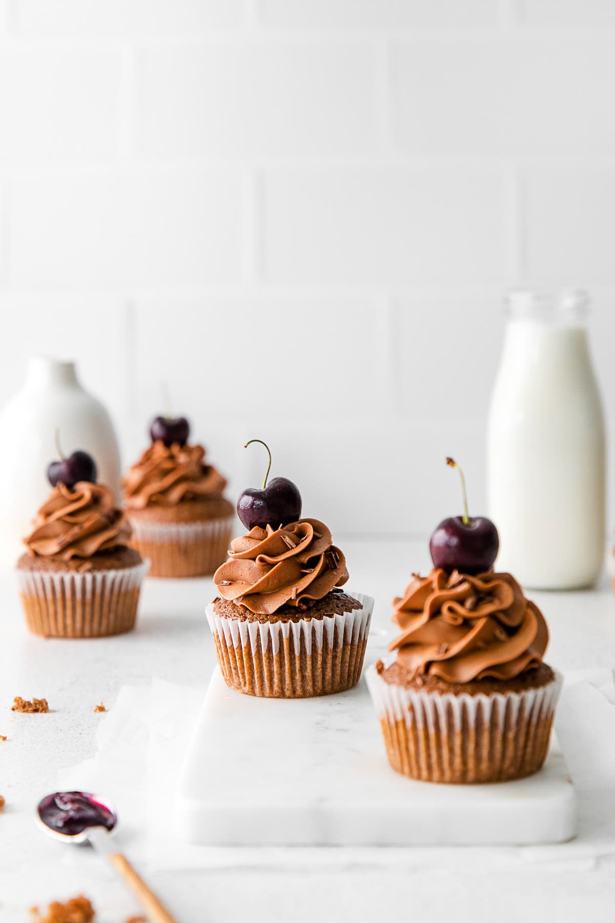 Black Forest Cupcakes topped with cherries. 