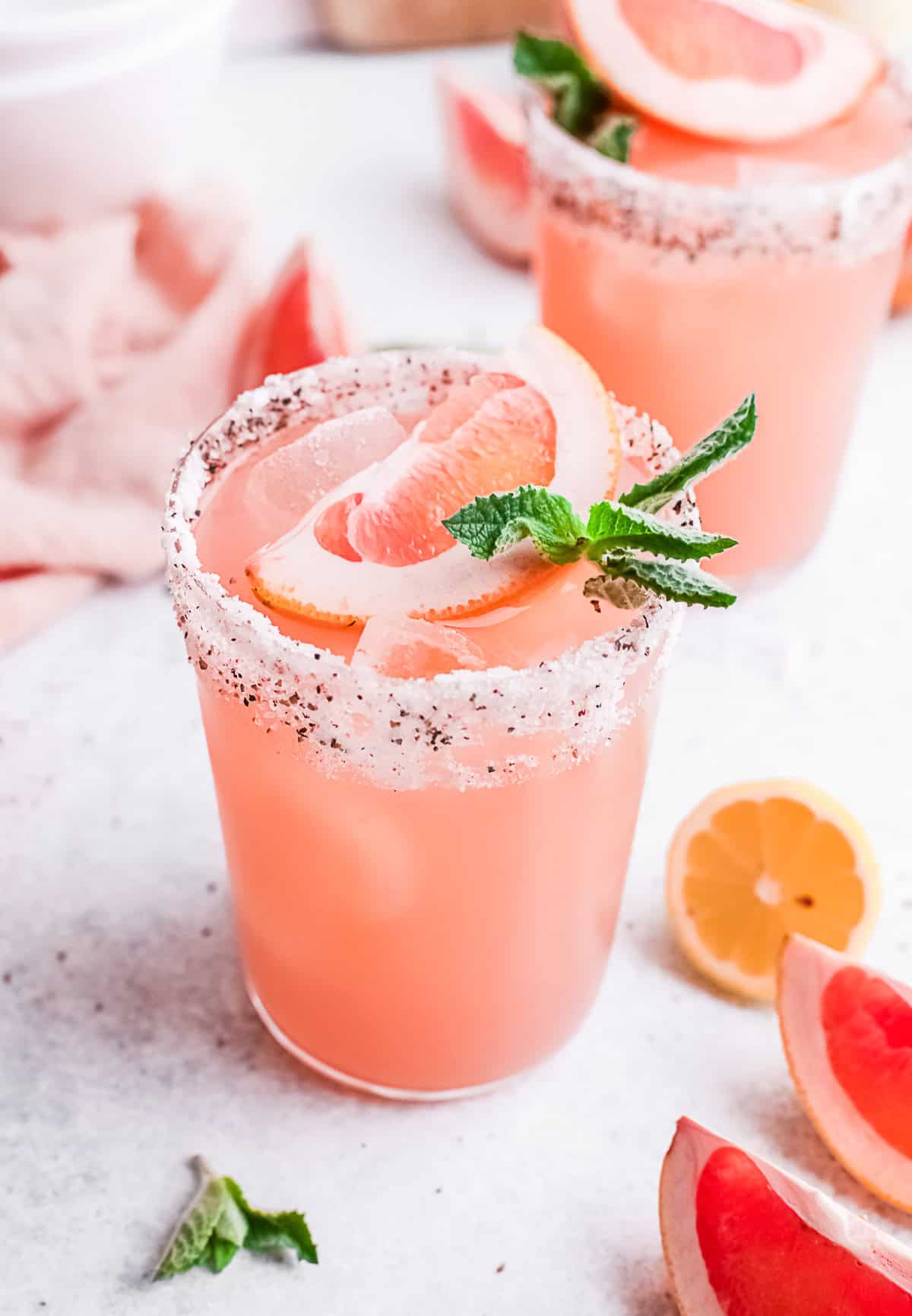 Grapefruit Paloma served with mint. 