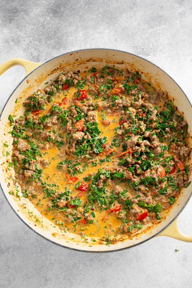 Italian Sausage Kale sauce in a skillet. 