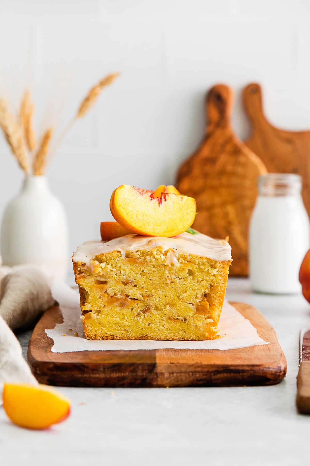 Peach Pound Cake sliced to show the inside of the pound cake. 