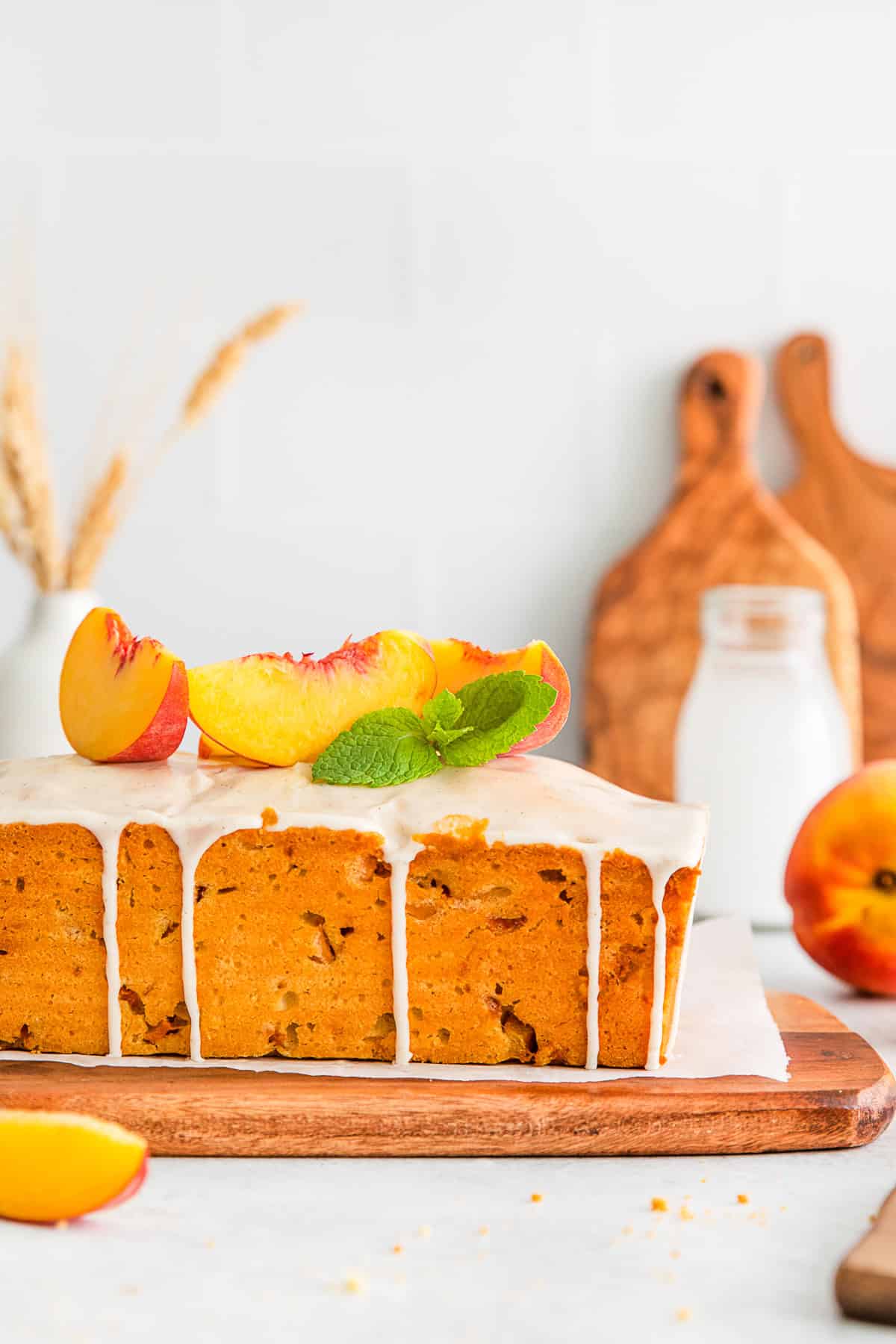 Peach Pound Cake on a cutting board. 