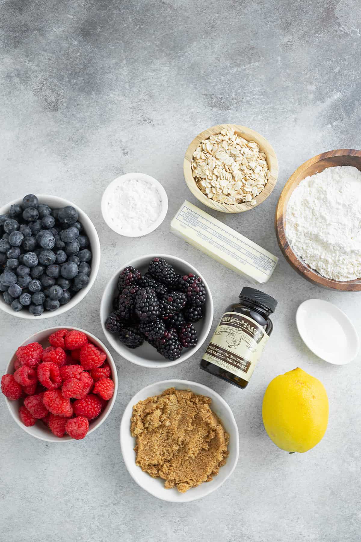 Triple Berry Crisp ingredients on a table. 
