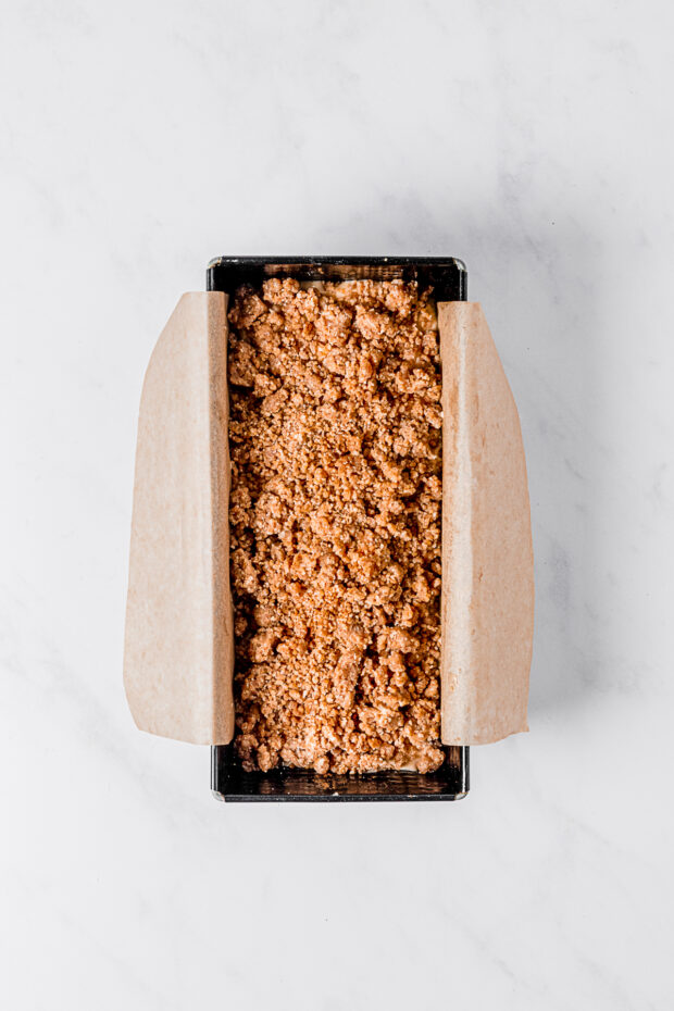 Apple Streusel Bread in a baking pan.