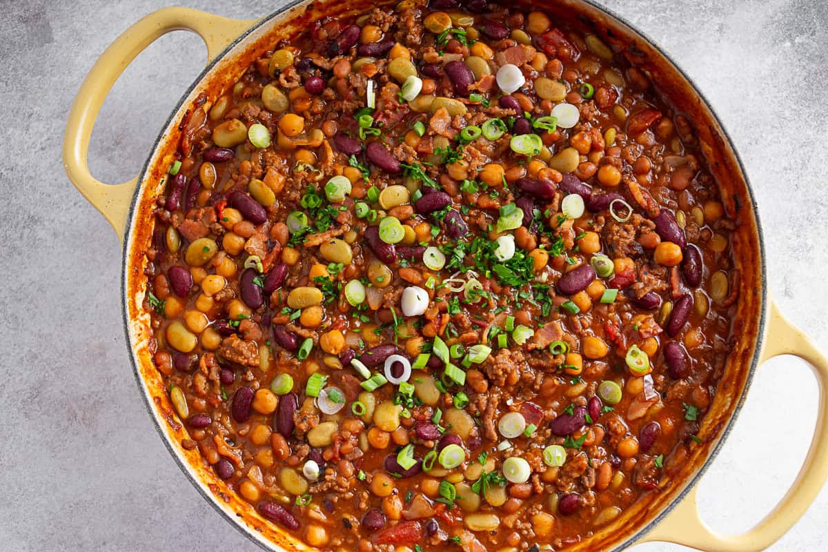 BBQ Calico Beans topped with chopped herbs. 