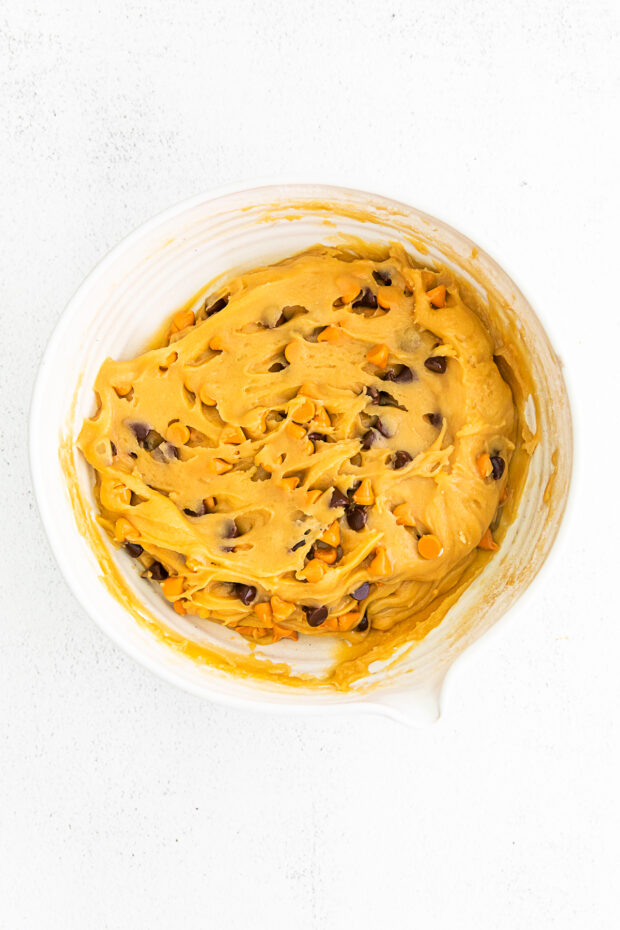 Uncooked Butterscotch Chocolate Chip Cookie dough in a bowl. 