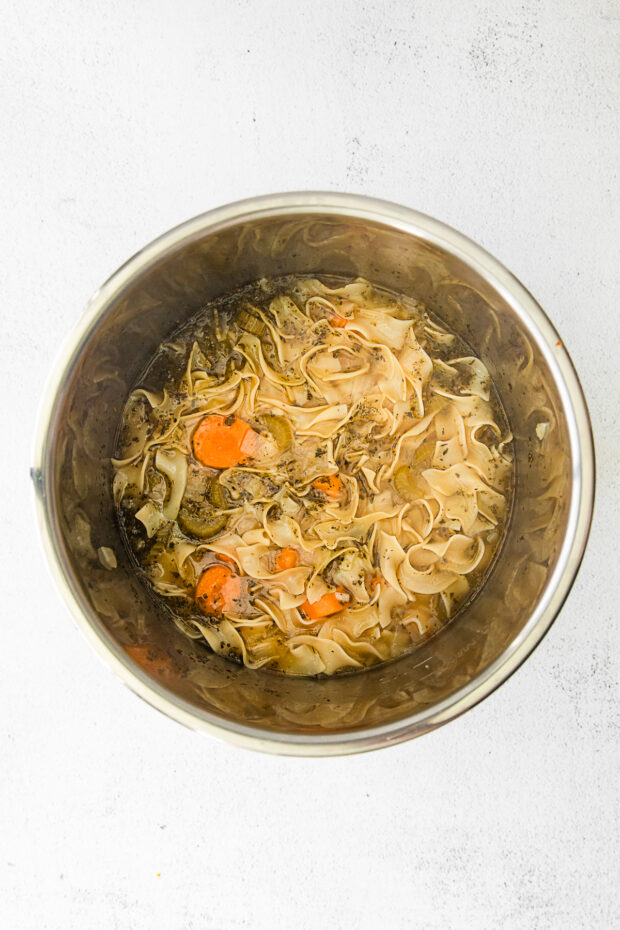 Chicken noodle soup in an Instant Pot.