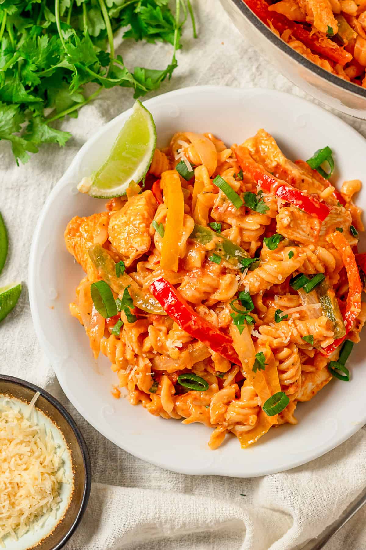 One Pot Chicken Fajita Pasta on a white plate. 