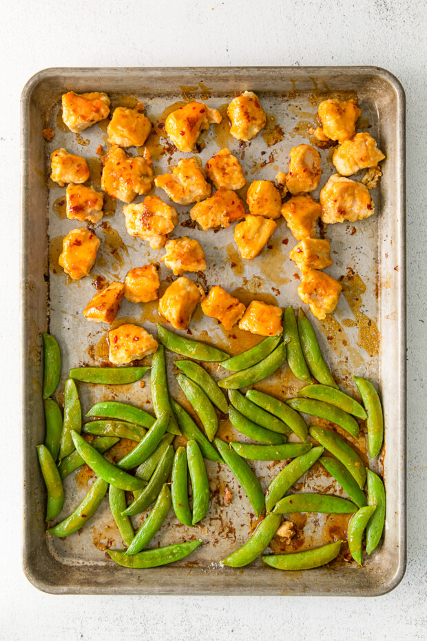 Sheet Pan Orange Chicken on a sheet pan. 