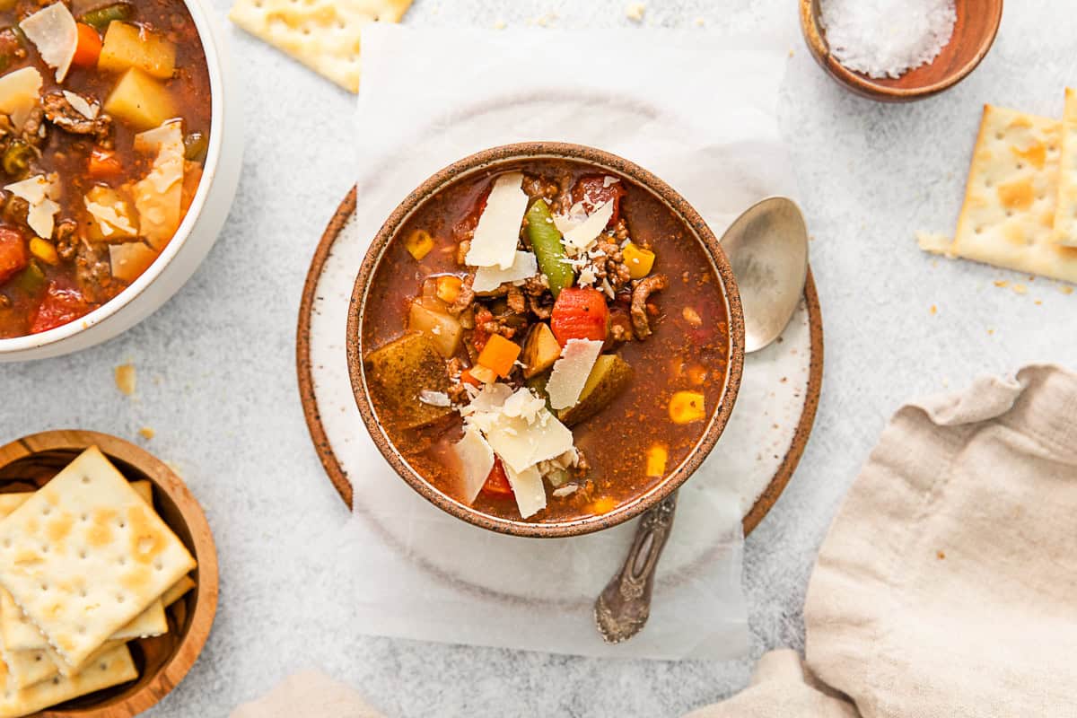 Vegetable Beef Soup in a stone bowl. 