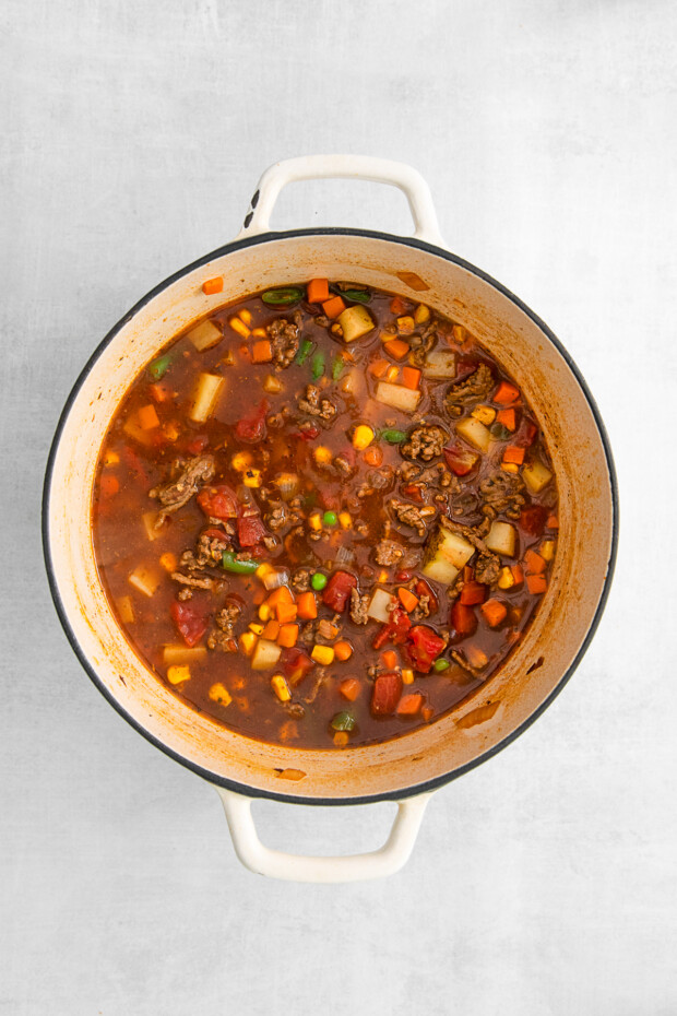 Vegetable Beef Soup in a dutch oven. 