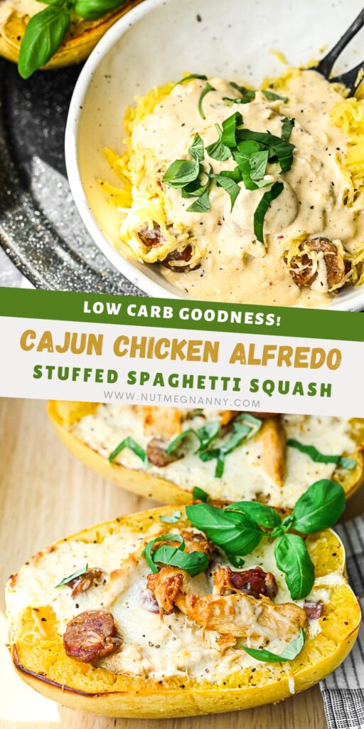 Cajun Chicken Alfredo Spaghetti Squash pin for Pinterest.