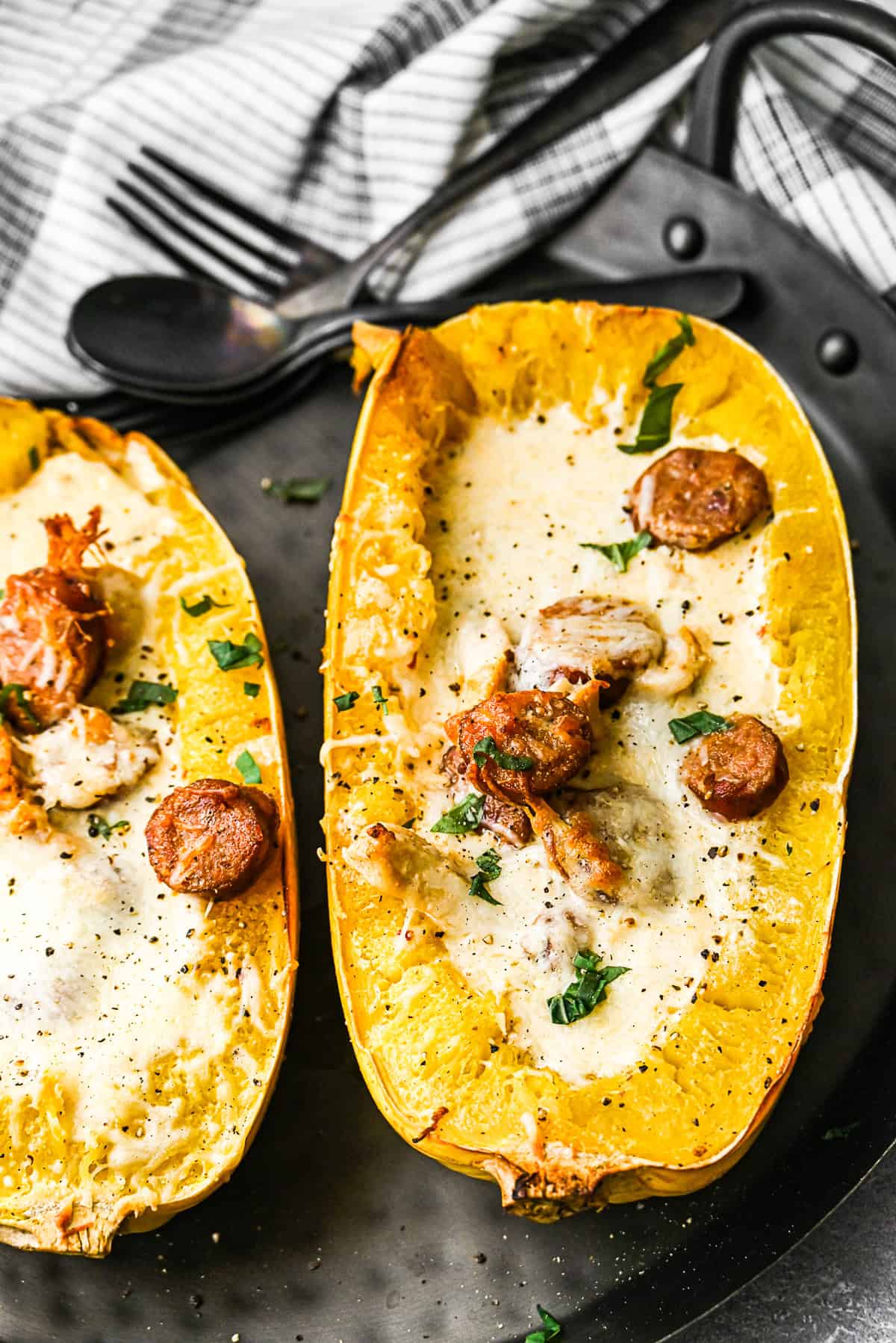 Cajun Chicken Alfredo Spaghetti Squash on a serving plate.