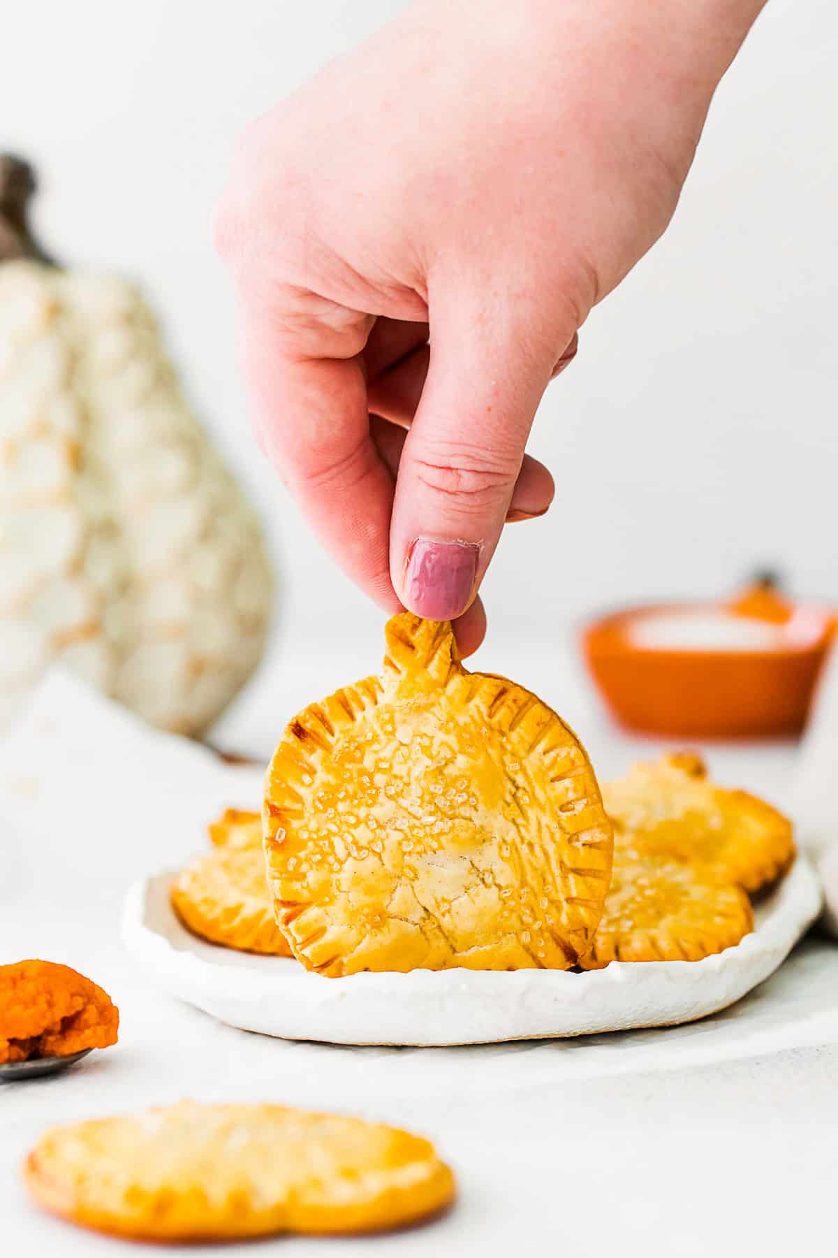 A hand holding up a Pumpkin Hand Pies. 