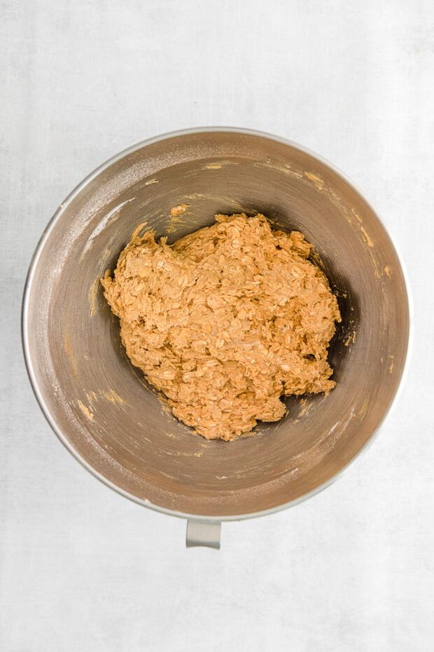 Cookie dough in a mixing bowl. 