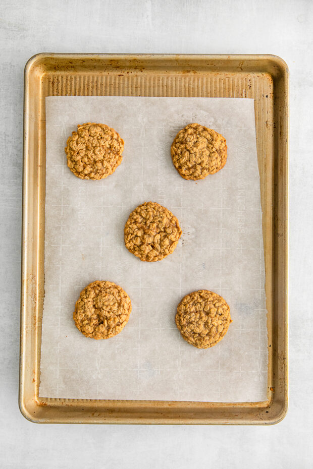 Cooked Pumpkin Oatmeal Cookies on a sheet pan. 