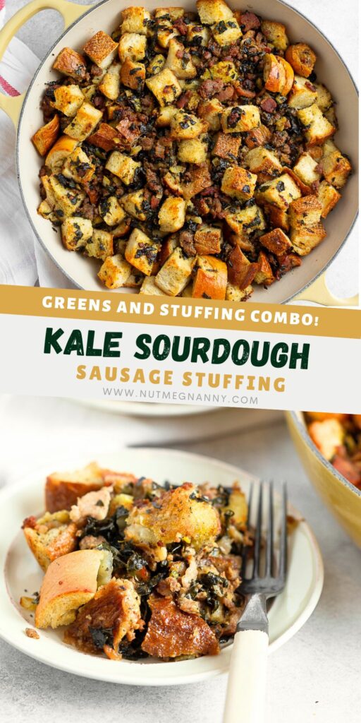 Sourdough Kale Bacon Sausage Stuffing pin for Pinterest. 