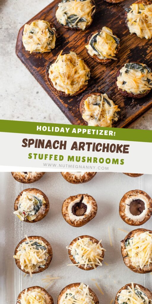 Spinach Artichoke Stuffed Mushrooms pin for Pinterest.