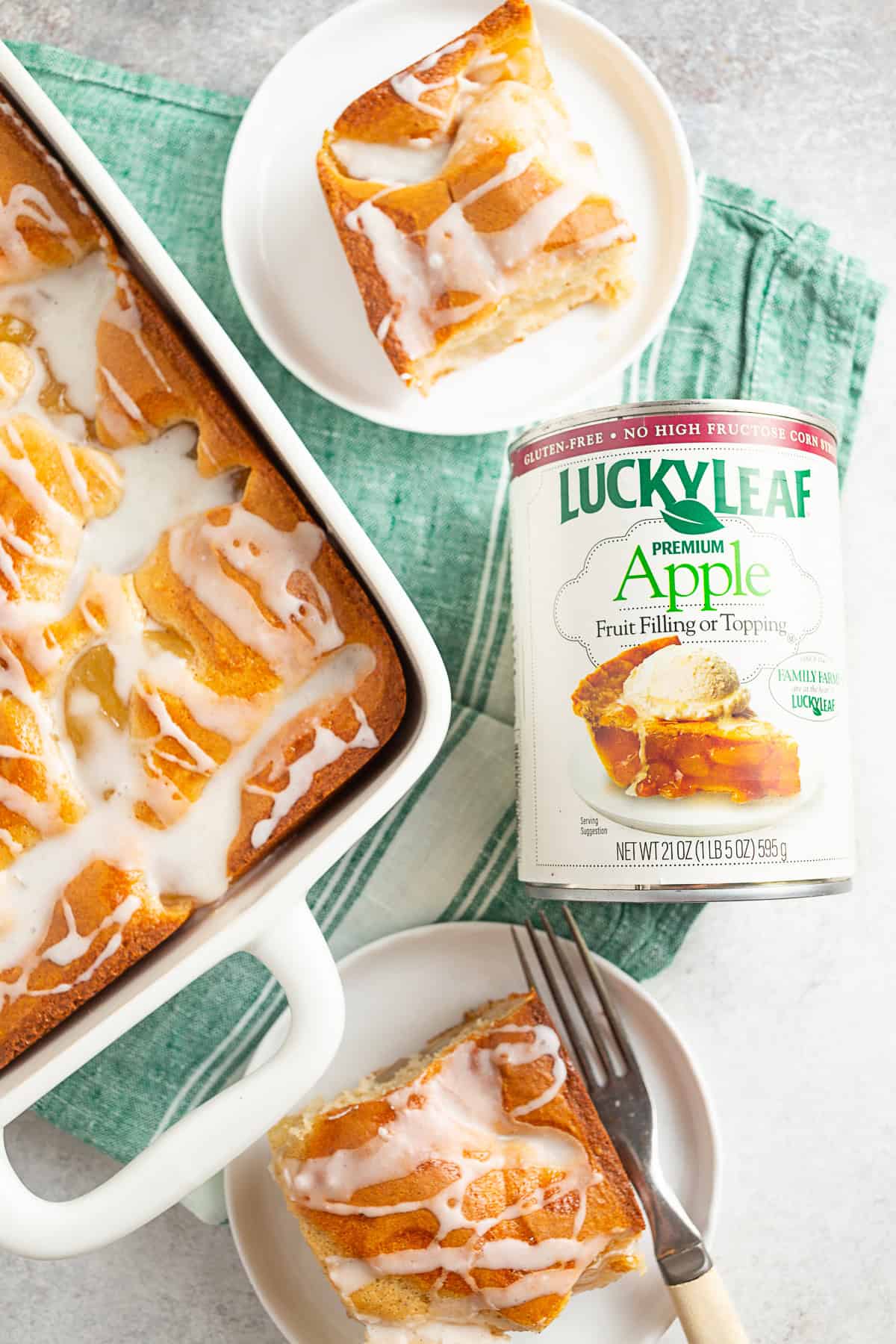 Apple Pie Filling Coffee Cake on a table with a can of fruit filling.