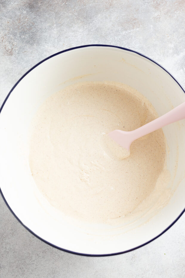 Cake batter mixed together in a bowl.