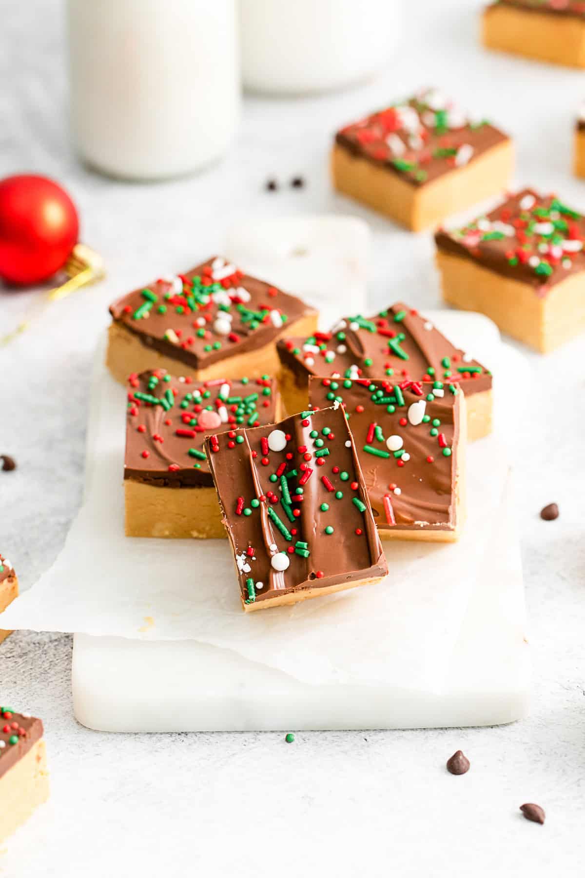 Buckeye Bars topped with creamy chocolate.