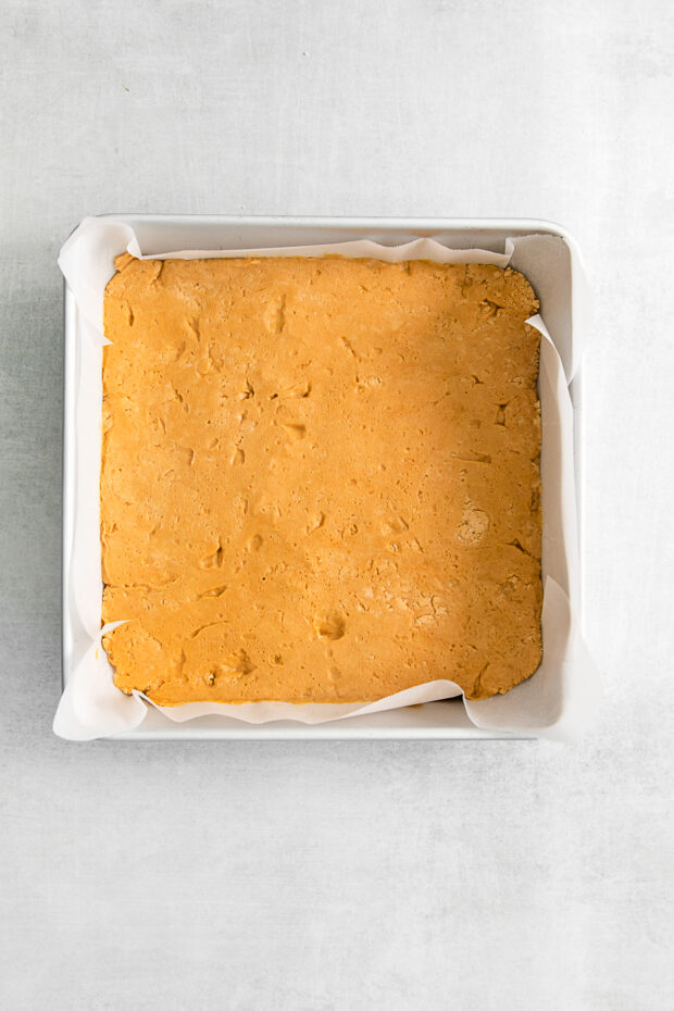 Peanut butter batter in a pan.