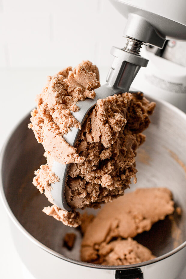 Cookie dough in a mixer. 