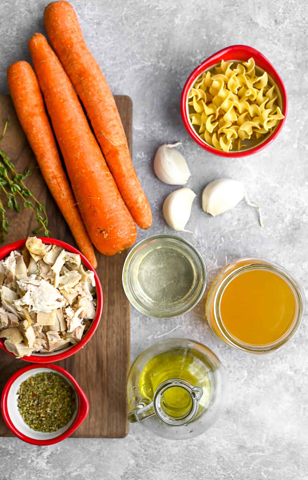 Leftover Turkey Noodle Soup ingredients on a table. 