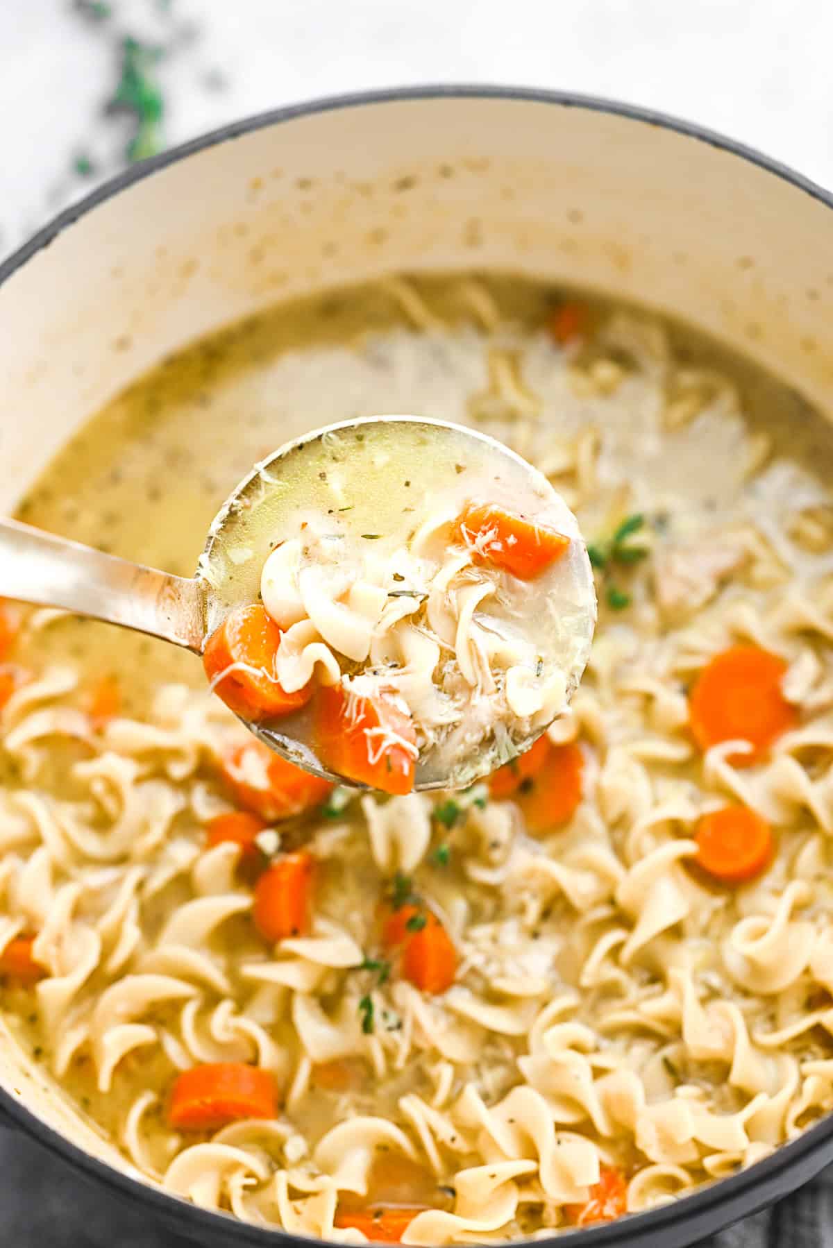 A ladle of Leftover Turkey Noodle Soup. 