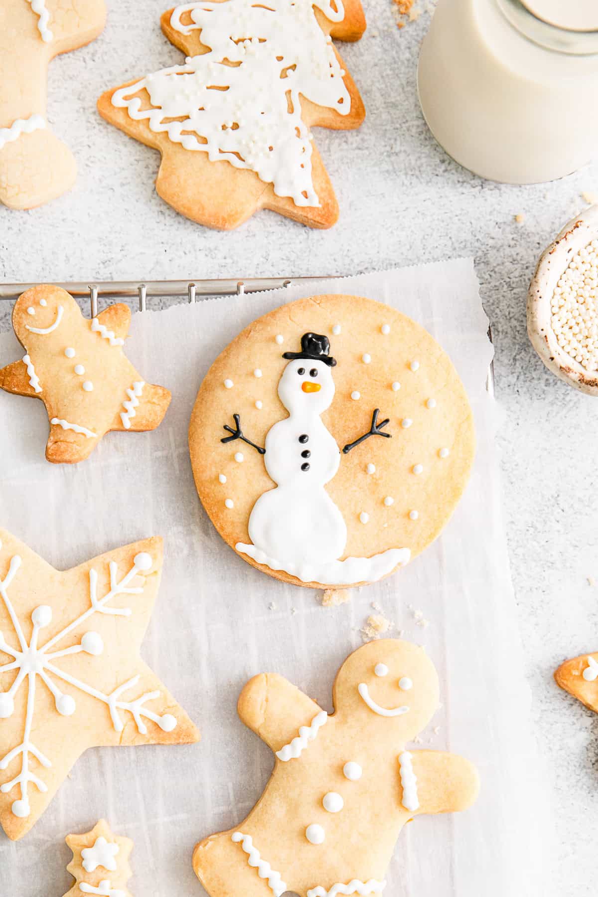 Peppermint Shortbread Cookies decorated with snowmen. 
