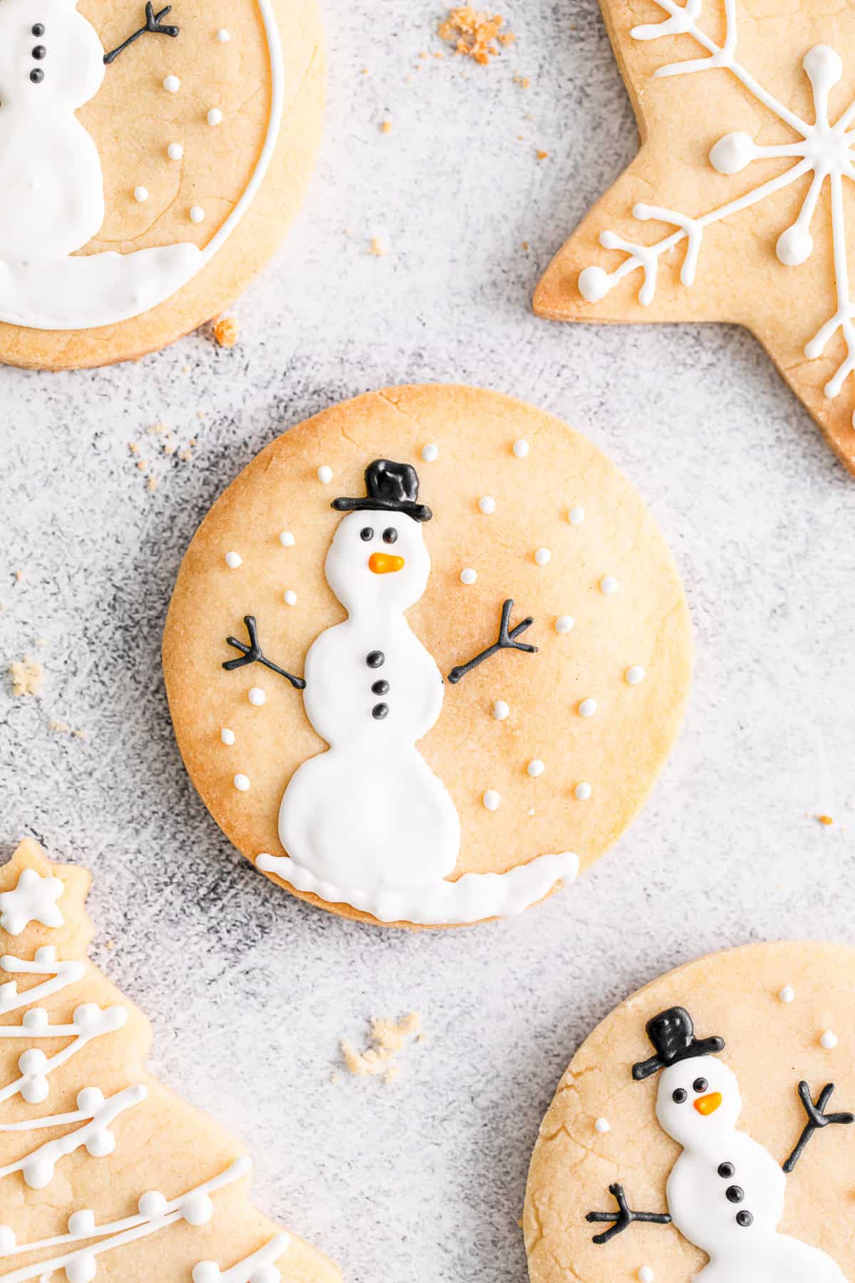 Peppermint Shortbread Cookies decorated with winter themes. 
