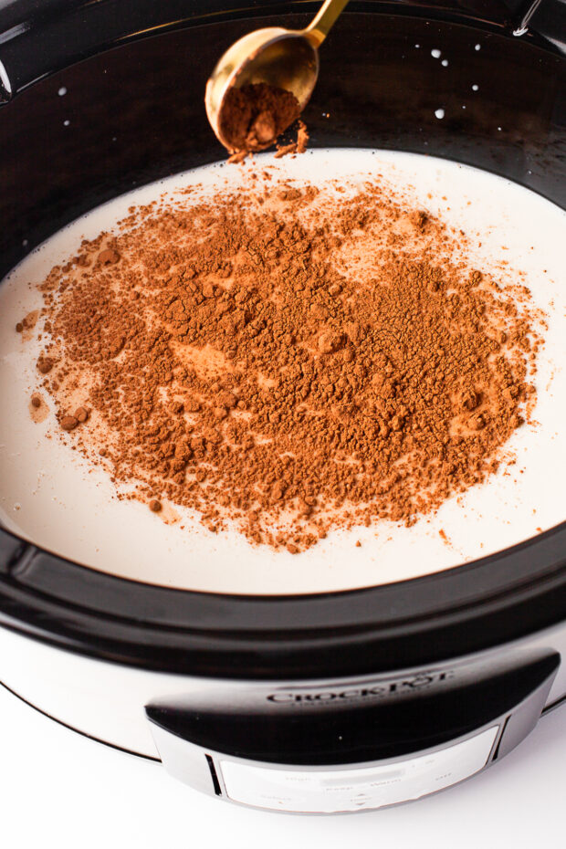 Cocoa powder being added to a slow cooker.