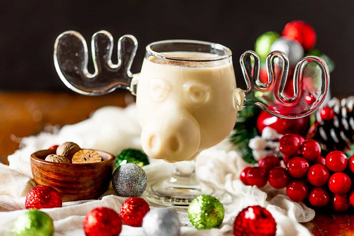 Aged Eggnog in a glass mug.