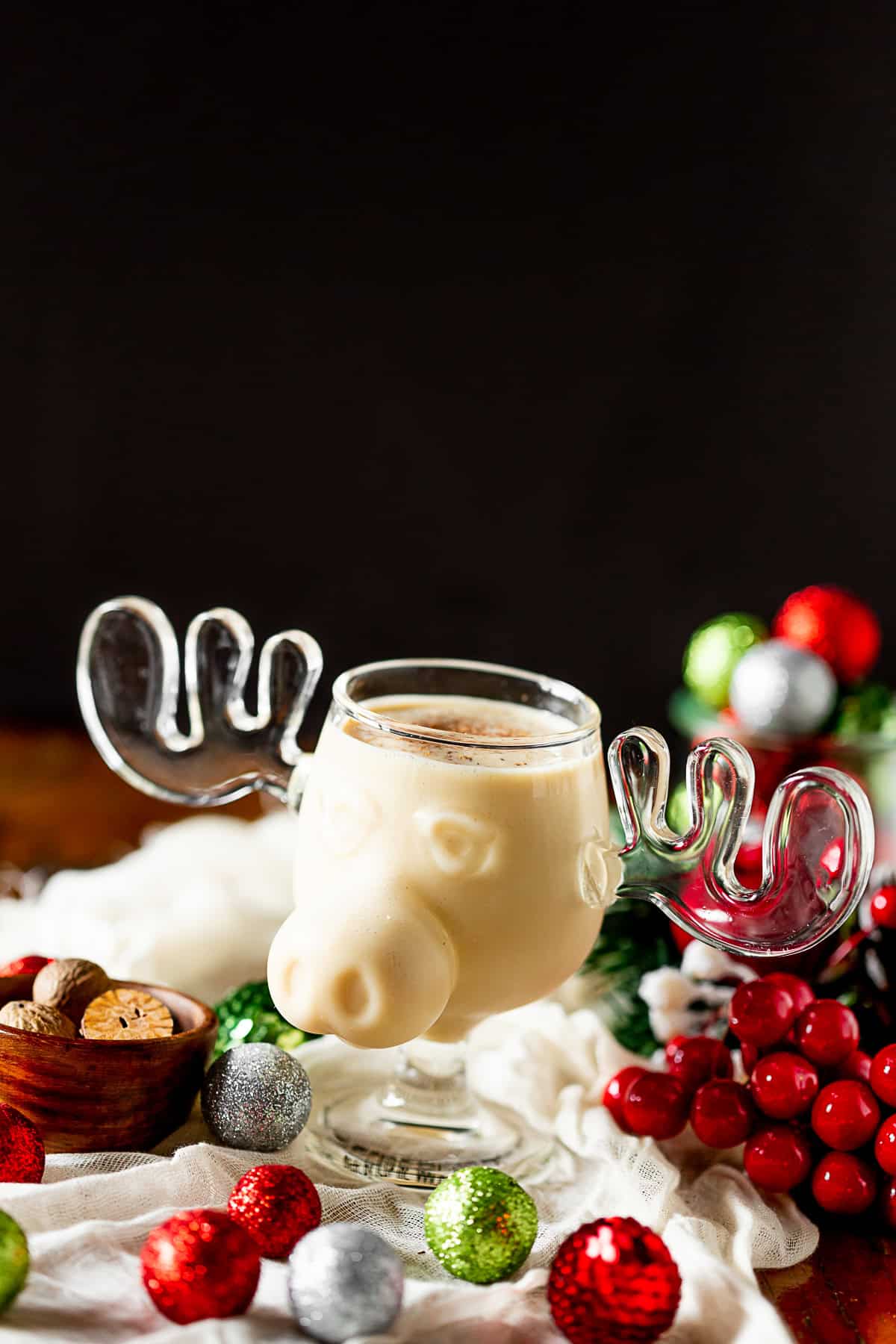 Aged Eggnog in a glass moose mug.
