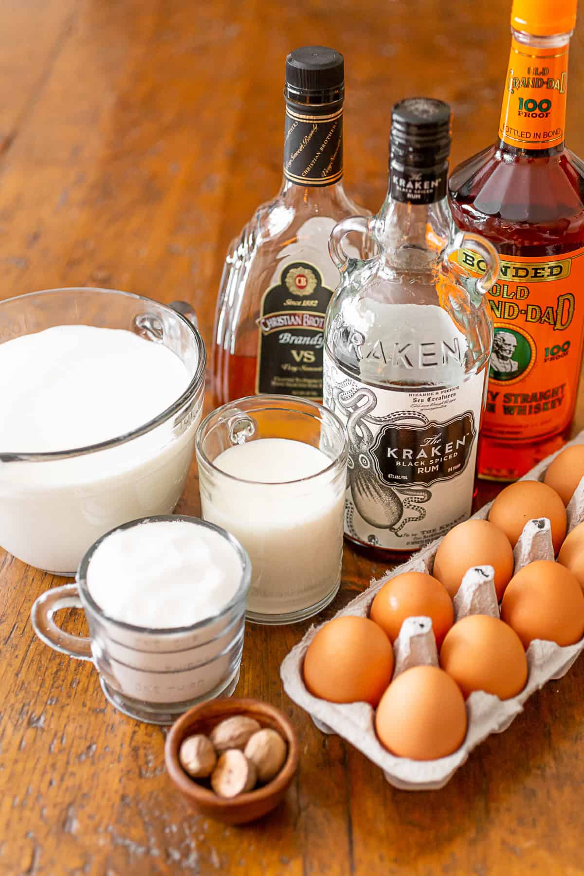 Aged Eggnog ingredients on a table.