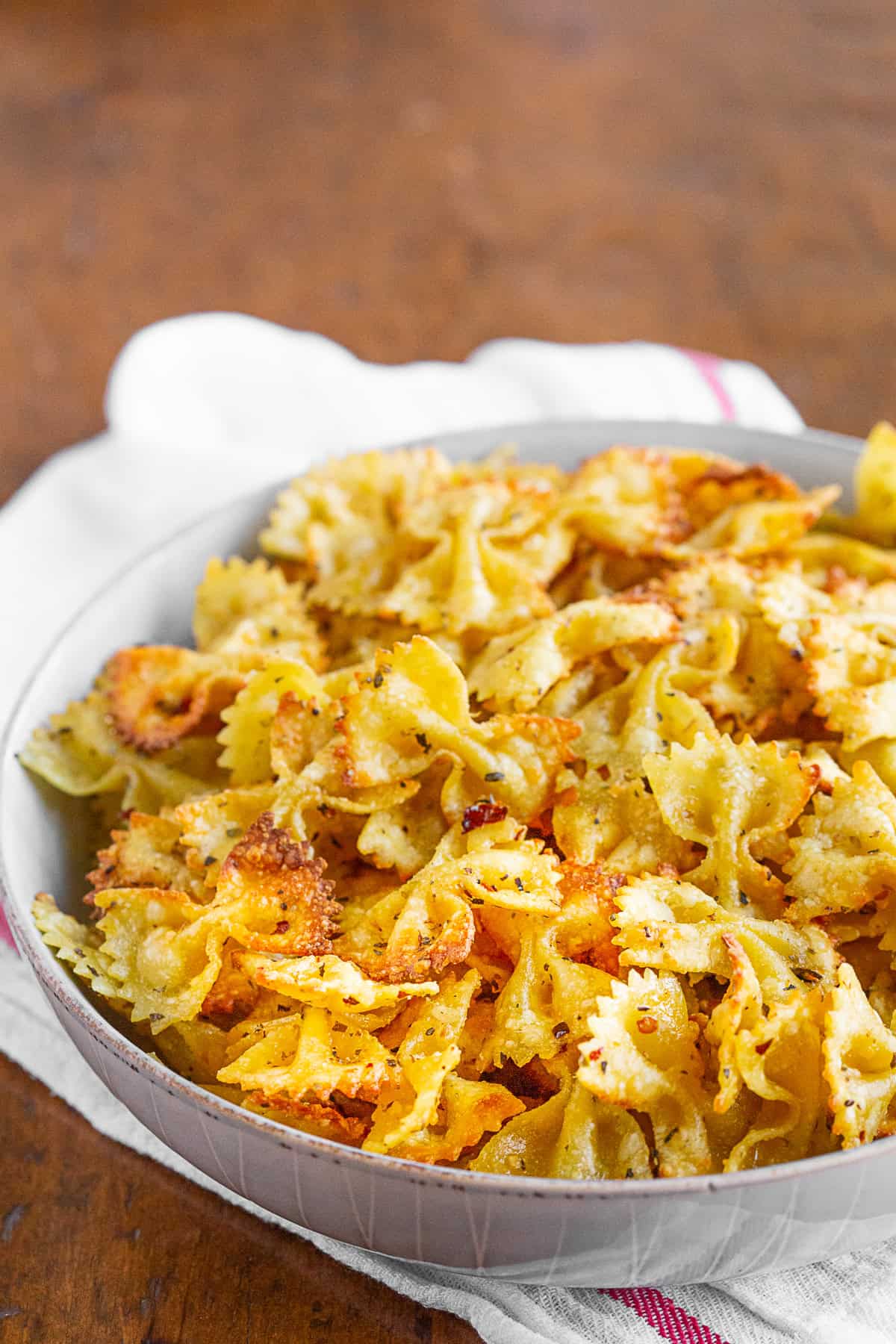 air fryer pasta chips in a bowl.