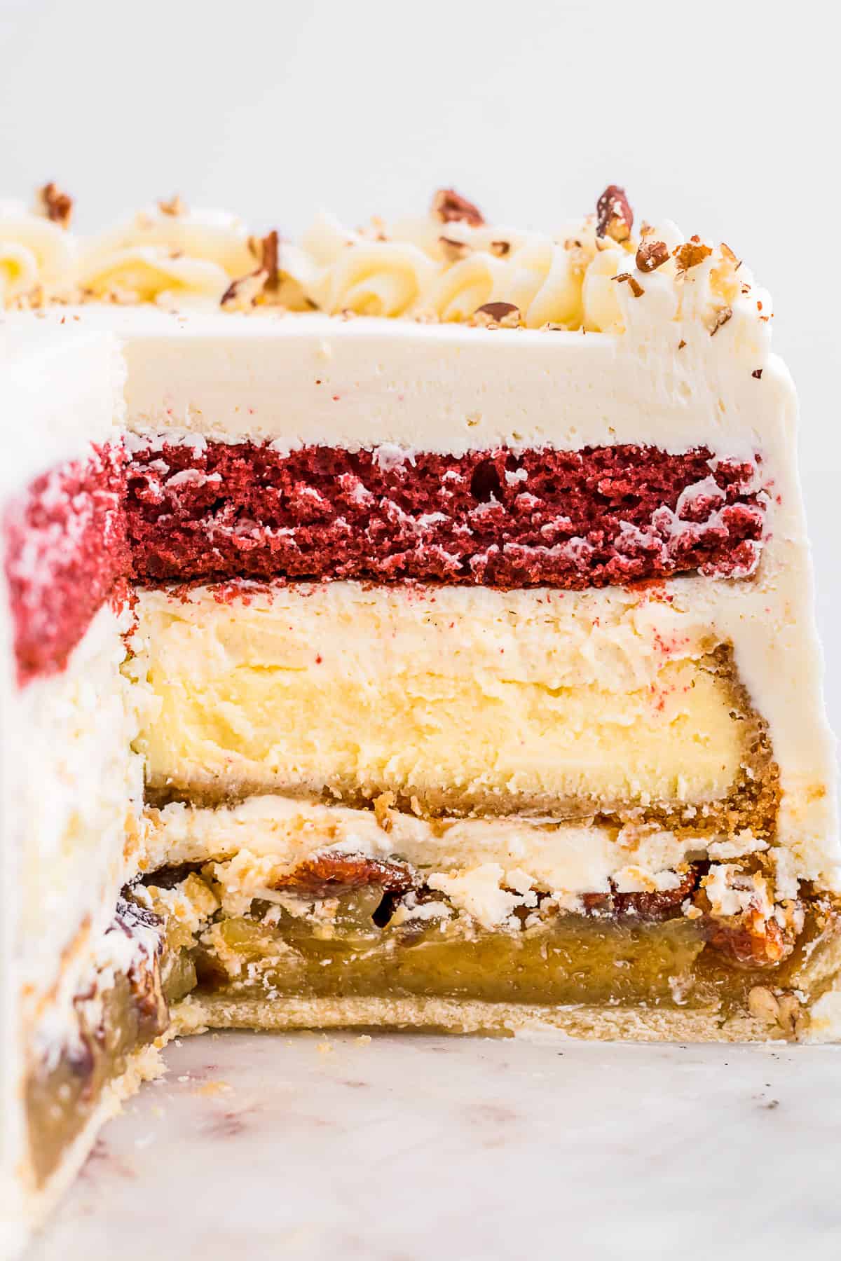 Christmas Piecaken sliced to show the inside layers. 