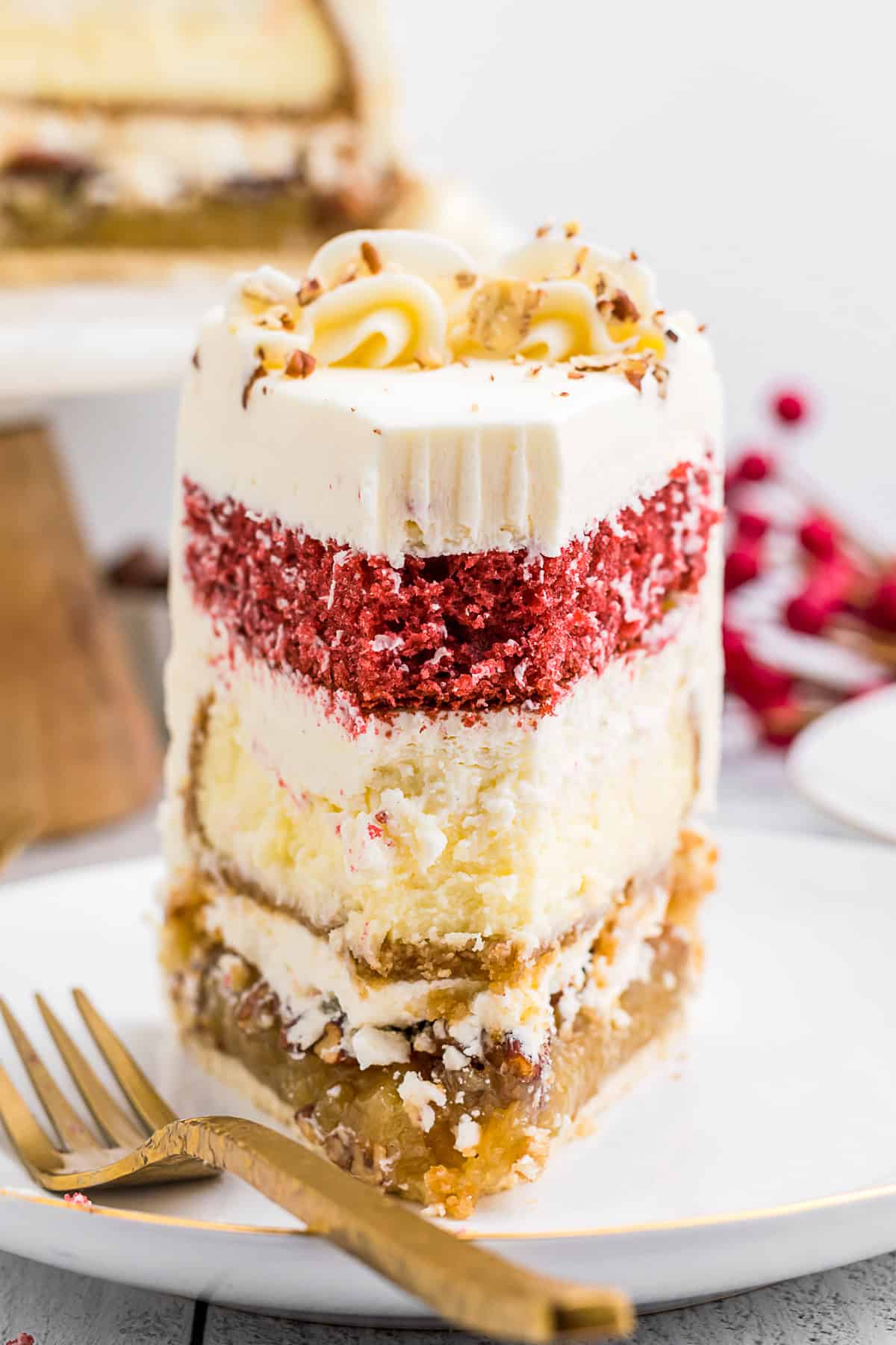 A fork taking a bite of piecaken. 
