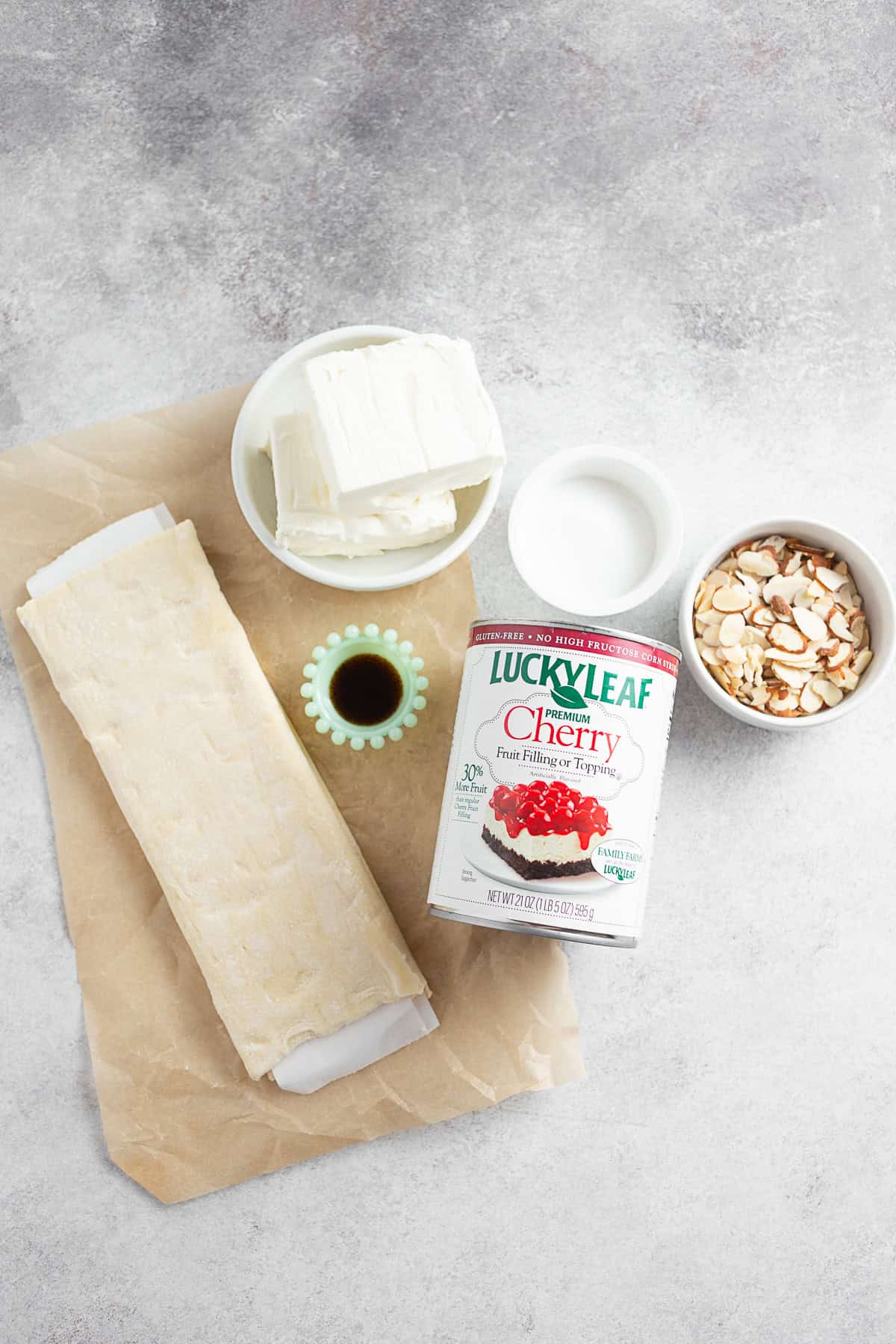 Ingredients to make easy cherry Danish. 