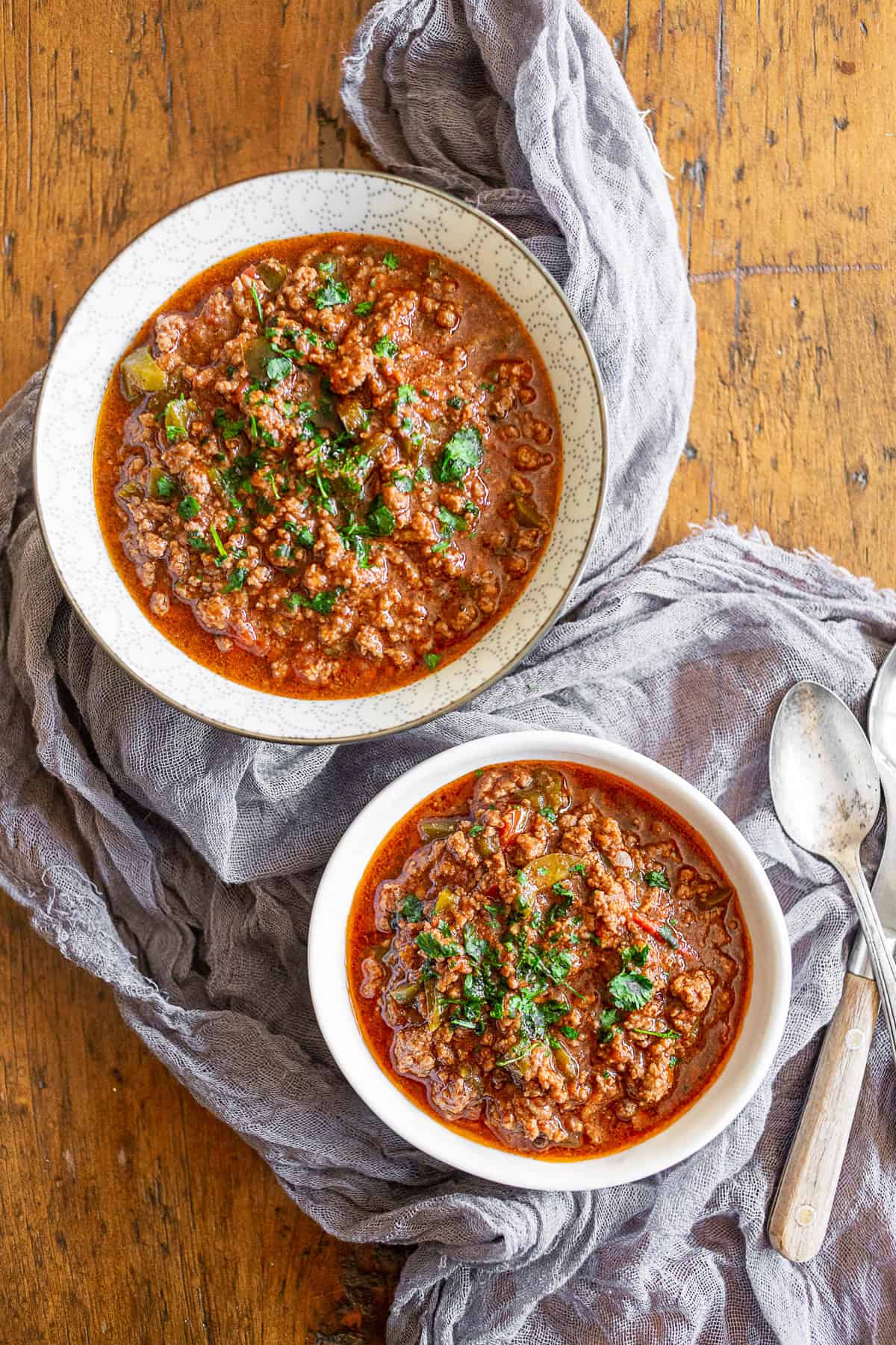 Ground Pork Chinese Chili in 2 bowls. 