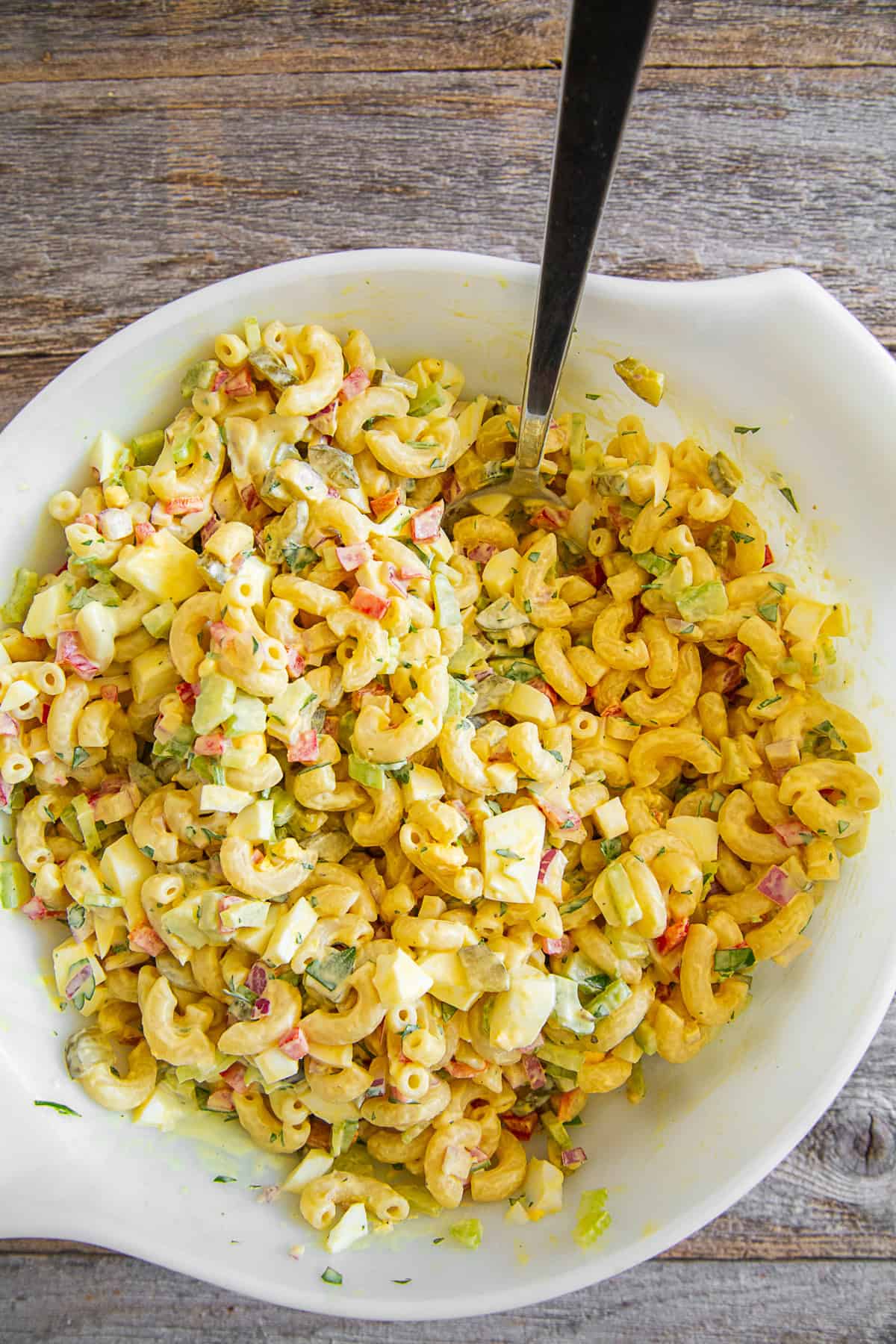 Classic Macaroni Salad in a large serving bowl. 