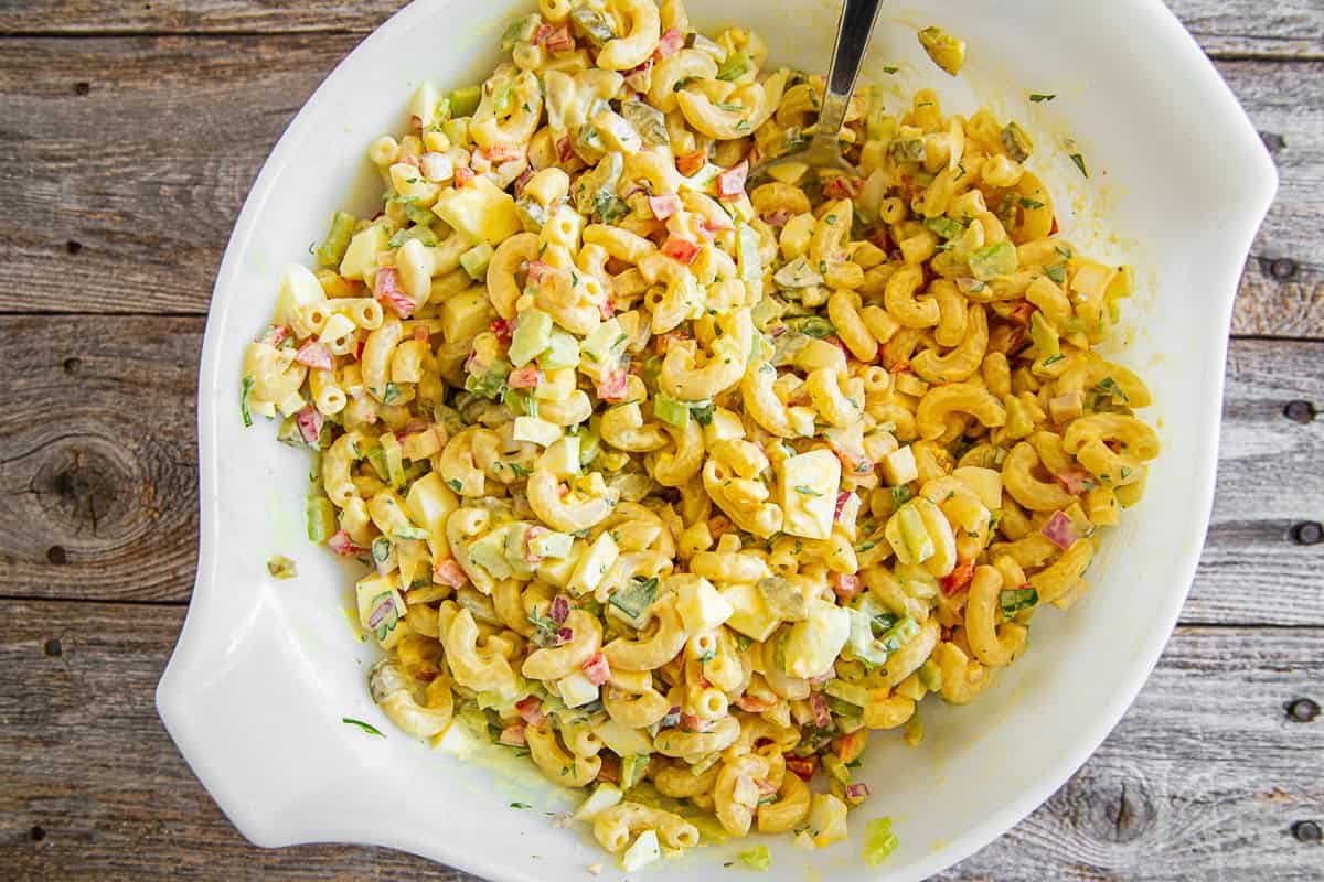 Classic Macaroni Salad in a white bowl. 