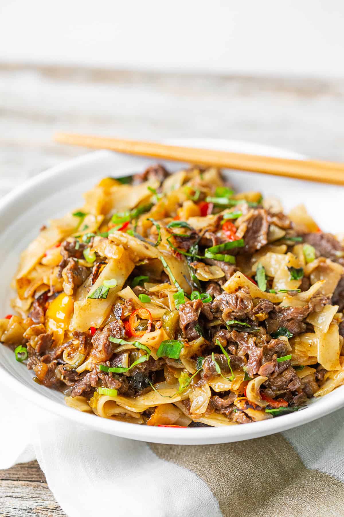 head on shot of Thai Beef Drunken Noodles