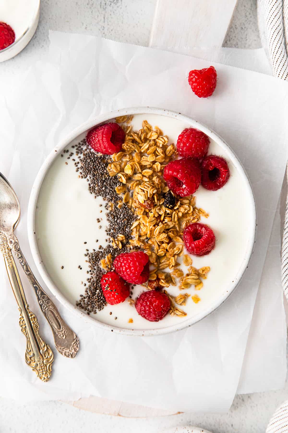 Instant Pot Yogurt served with granola, raspberries, and chia seeds. 