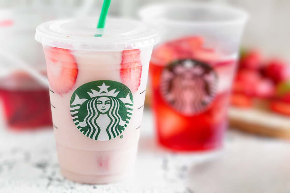 Homemade Starbucks Pink Drink made with fresh strawberries.