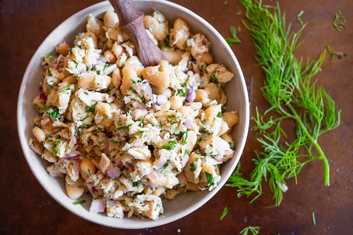 Tuna White Bean Herb Salad in a small white bowl.