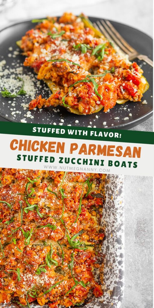 Ground Chicken Parmesan Stuffed Zucchini Boats pin for Pinterest.
